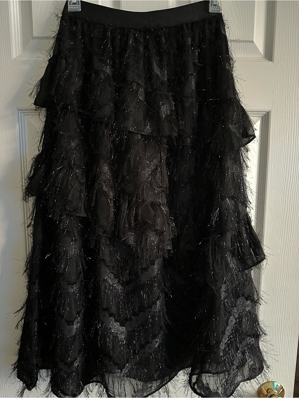 Beulah Black Ruffle Mesh Tiered Midi Lined Skirt